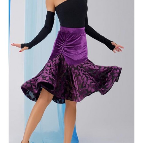 Women purple black velvet leaves lace latin ballroom dance skirts adult salsa rumba chacha stage performance costumes for female